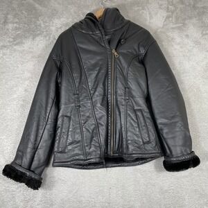Wilsons Leather Hooded Jacket Womens Small Black Faux Fur Trim Lined Y2K Grunge